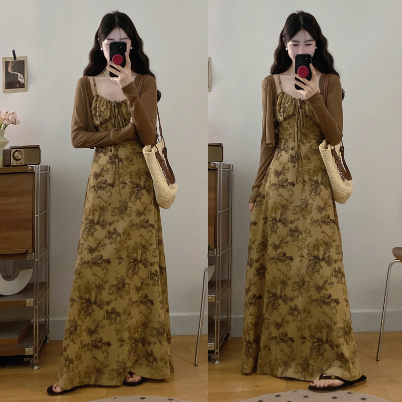 실사 봄 새로운 프랑스식 레트로 수묵화 프린트 슬림해 보이는 슬립 드레스 품격 숙녀 슬림해 보이는 롱 스커트