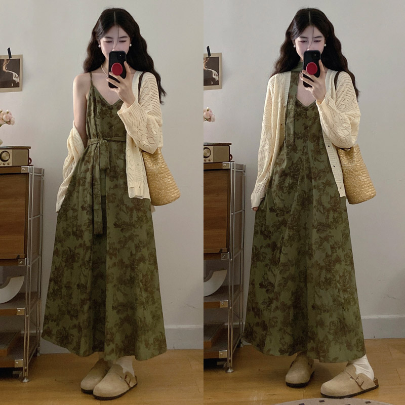 실사 봄 새로운 지방 m 프랑스식 레트로 수묵화 프린트 슬림해 보이는 슬립 드레스 니트 맨위 투피스 세트