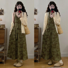 批发实拍~春季新款胖M法式复古水墨印花显瘦吊带裙针织上衣两件套