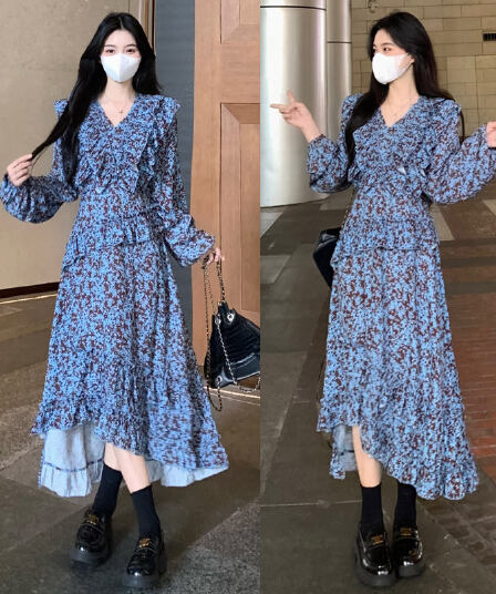 실사 빅 사이즈 여성 의류 V넥 꽃무늬 드레스 봄 새로운 마이크로 지방 mm 슬림해 보이는 프릴 A라인 스커트