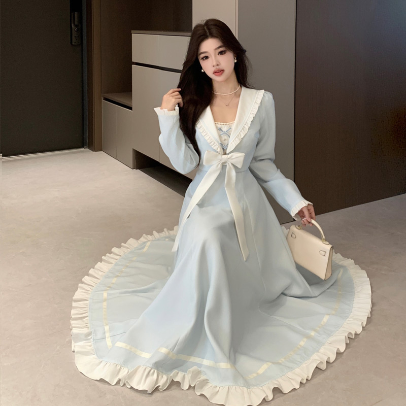 실사 봄 새로운 품격 학원 소녀 활력 페이크 레이어드 나비 매듭 수은 손 편지 빅 사이즈 드레스