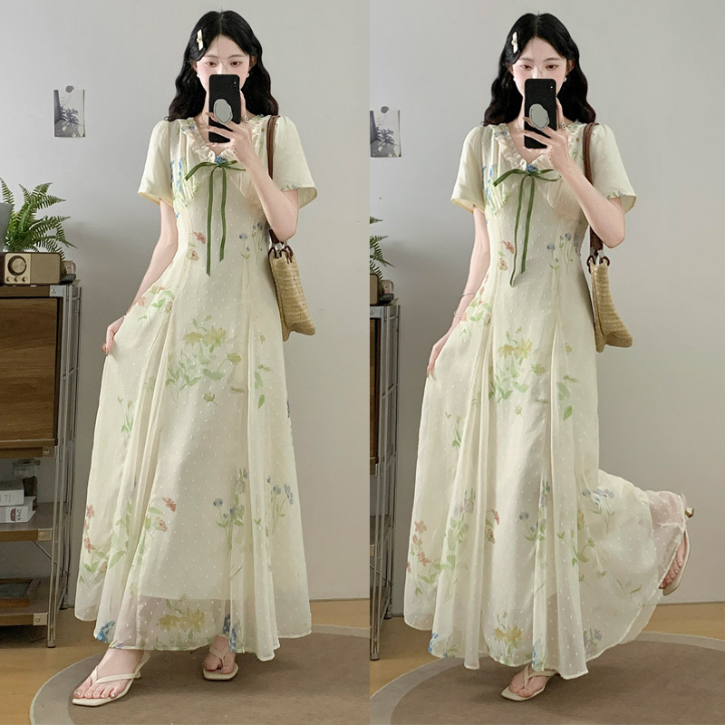실사 여름 프랑스식 휴가 바람 부드러운 꽃무늬 드레스 허리 수축 슬림해 보이는 품격 빅 사이즈 드레스