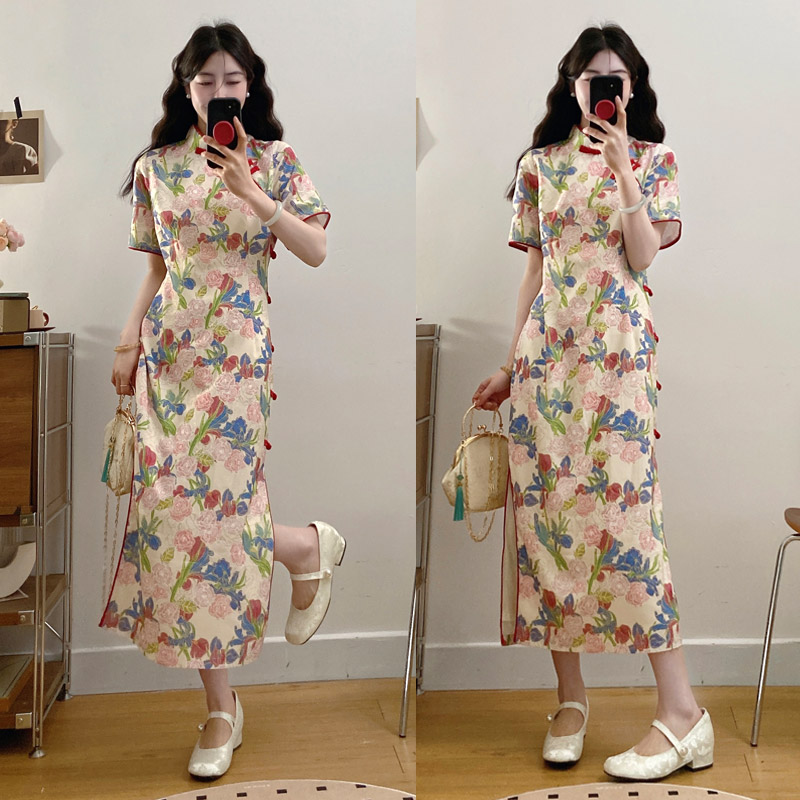 실사 새로운 중식 중국풍 향상된 버전 치파오 지방 mm 드레스 품격 빅 사이즈 슬림해 보이는 작은 키 롱 스커트