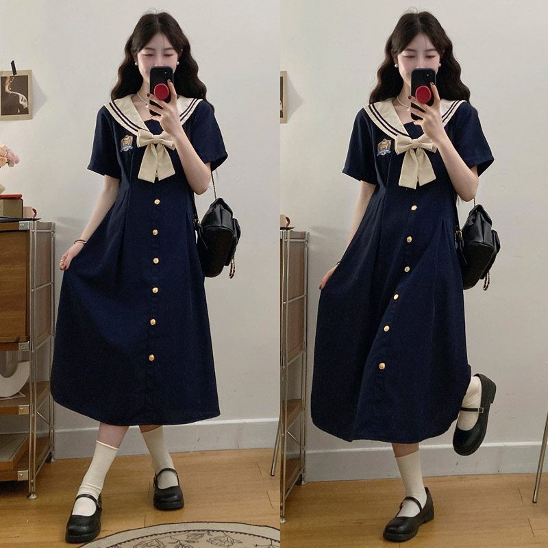 실사 여름 새로운 빅 사이즈 마이크로 지방 해군 칼라 여성 드레스 자수 연령 감소 허리 수축 지방 mm A라인 스커트