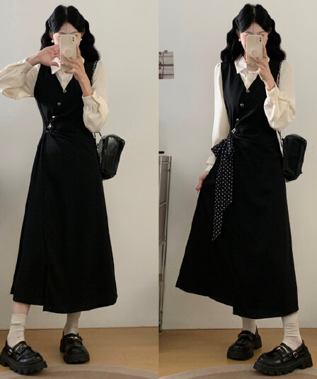 실사 봄 새로운 착용 가져 가라. 여성 정식 경우 교 자본금 면접 학원 스타일 페이크 레이어드 디자인 센스 드레스