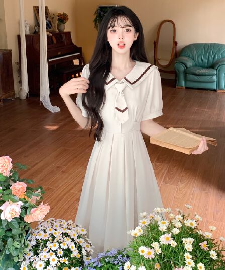 실사 여름 새로운 레트로 학원 스타일 소녀 베이비 칼라 나비 매듭 허리 수축 플리츠 빅 사이즈 드레스