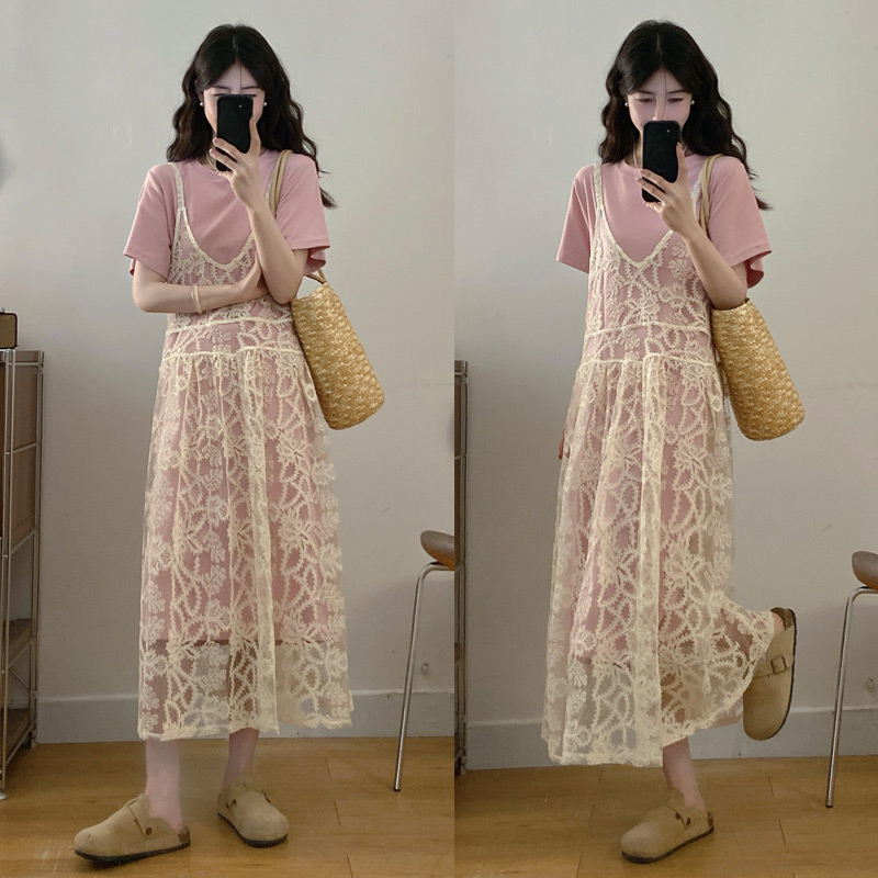 실사 여름 새로운 스택 착용 레이스 슬립 드레스 여성 프랑스식 인기 디자인 센스 티셔츠 치마 빅 사이즈 투피스 세트