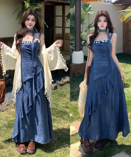실사 봄 여름 새로운 민족 스타일 술 프릴 휴가 바람 슬립 드레스 자외선 차단 오픈 가디건 투피스 세트
