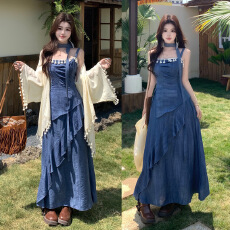 批发实拍~春夏新款<b class='q'>民族风</b>流苏荷叶边度假风吊带<b class='q'>连衣裙</b>防晒开衫两件套