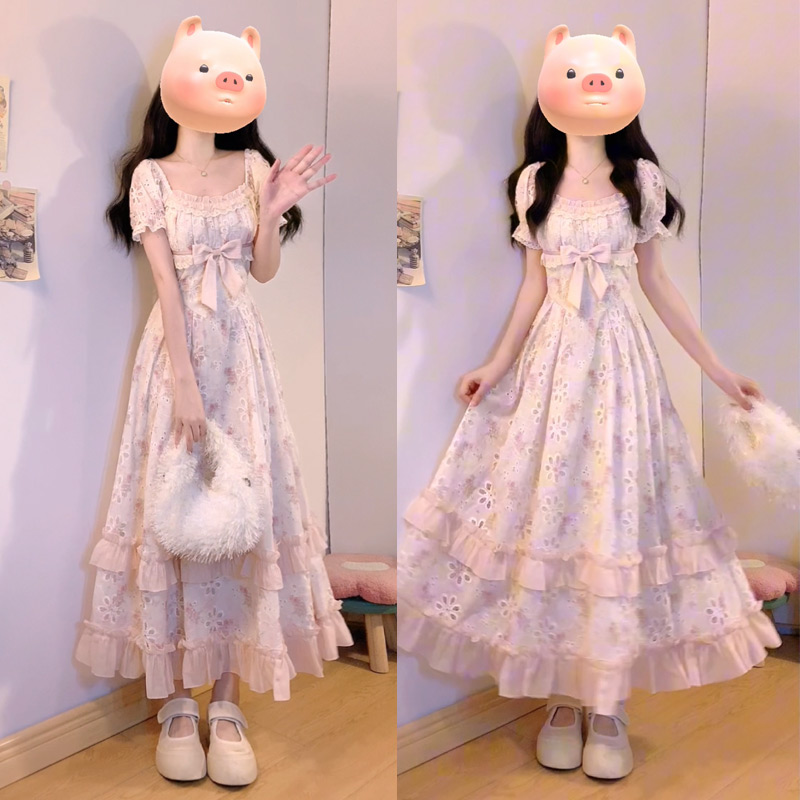 실사 여름 새로운 릴리 앤 꽃 지름 휴가 바람 홀로우 아웃 프린트 자수 광장 칼라 허리 수축 반팔 드레스