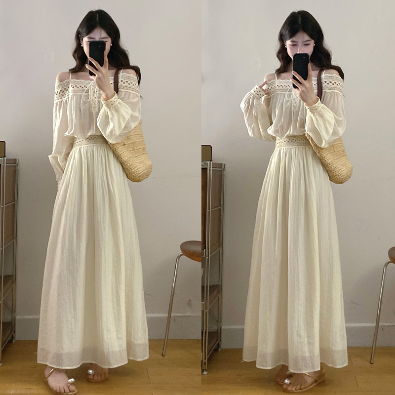 실사 봄 여름 새로운 디자인 센스 홀로우 아웃 레이스 슬립 오프숄더 드레스 빅 사이즈 허리 수축 휴가 치마