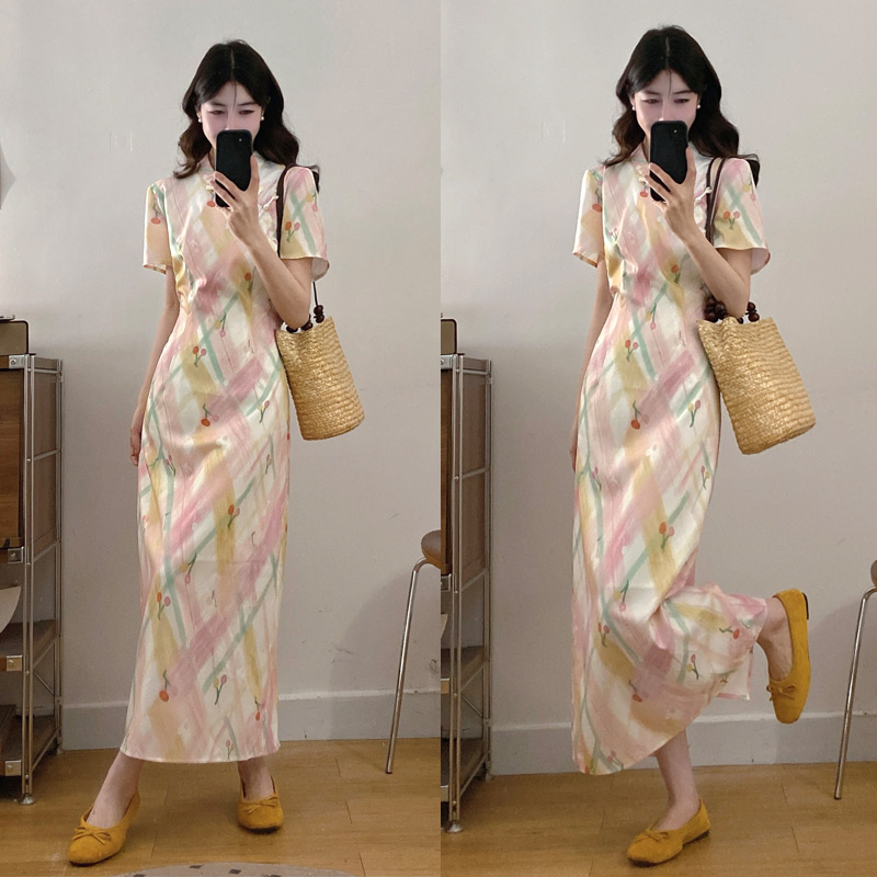 RY4344# 实拍~夏季新款连衣裙巨好看新中式大码胖M短袖收腰显瘦旗袍裙