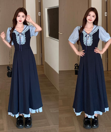 실사 빅 사이즈 여름 새로운 페이크 레이어드 허리 수축 슬림해 보이는 학원 스타일 베이비 칼라 연령 감소 고급 센스 드레스