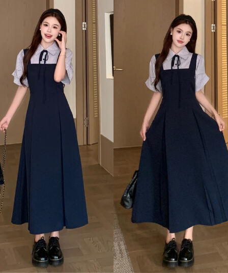 실사 여름 새로운 해군 패치워크 여성 드레스 페이크 레이어드 면접 출퇴근 아름다운 빅 사이즈 치마