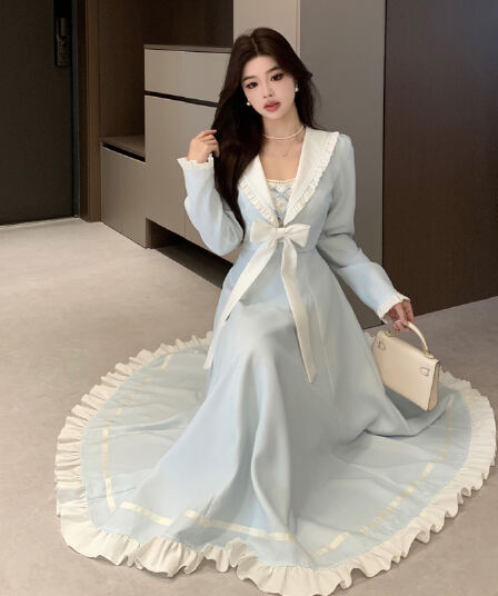 실사 가을 새로운 품격 학원 소녀 활력 페이크 레이어드 나비 매듭 수은 손 편지 빅 사이즈 드레스