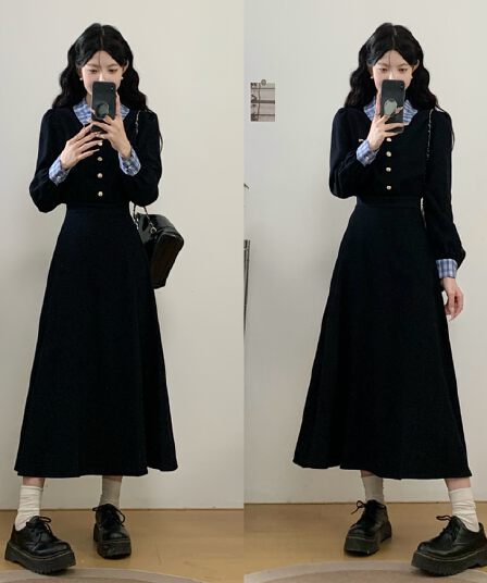 실사 가을 겨울 새로운 패치워크 해군 드레스 체크무늬 배색 패션 품격 허리 수축 슬림해 보이는 면접 치마
