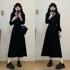 批发实拍~秋冬新款拼接藏青色<b class='q'>连衣裙</b>格子<b class='q'>撞色</b>时尚气质收腰显瘦面试裙