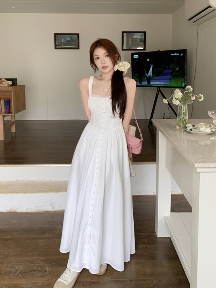 실사 정가 봄 레이스 몸매 가꾸기 첫사랑 한 마디 슬립 여성 드레스 달콤한 부서 요정 민소매 캐주얼 롱 스커트