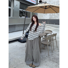 批发实拍实价~2026春季新款斜领露肩条纹防晒罩衫+拼接腰头抽绳阔腿<b class='q'>裤</b>