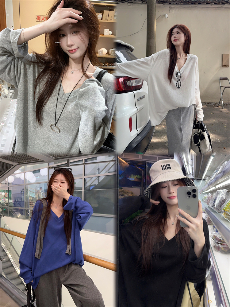 실사 정가 루즈핏 편안함 깊은 V 넥 남자 친구 바람 느긋한 루즈핏 티셔츠 미니멀리즘 슬림해 보이는 긴팔 다용도 맨위