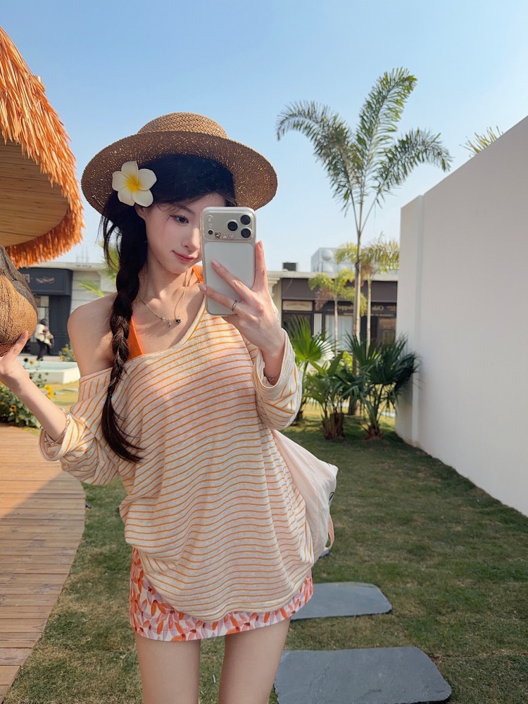 실사 정가 봄 새로운 느긋한 바람 스트라이프 블라우스 긴팔 티셔츠 여성 인사이드 가져 가라. 슬립 타이트 스커트 치마 세트