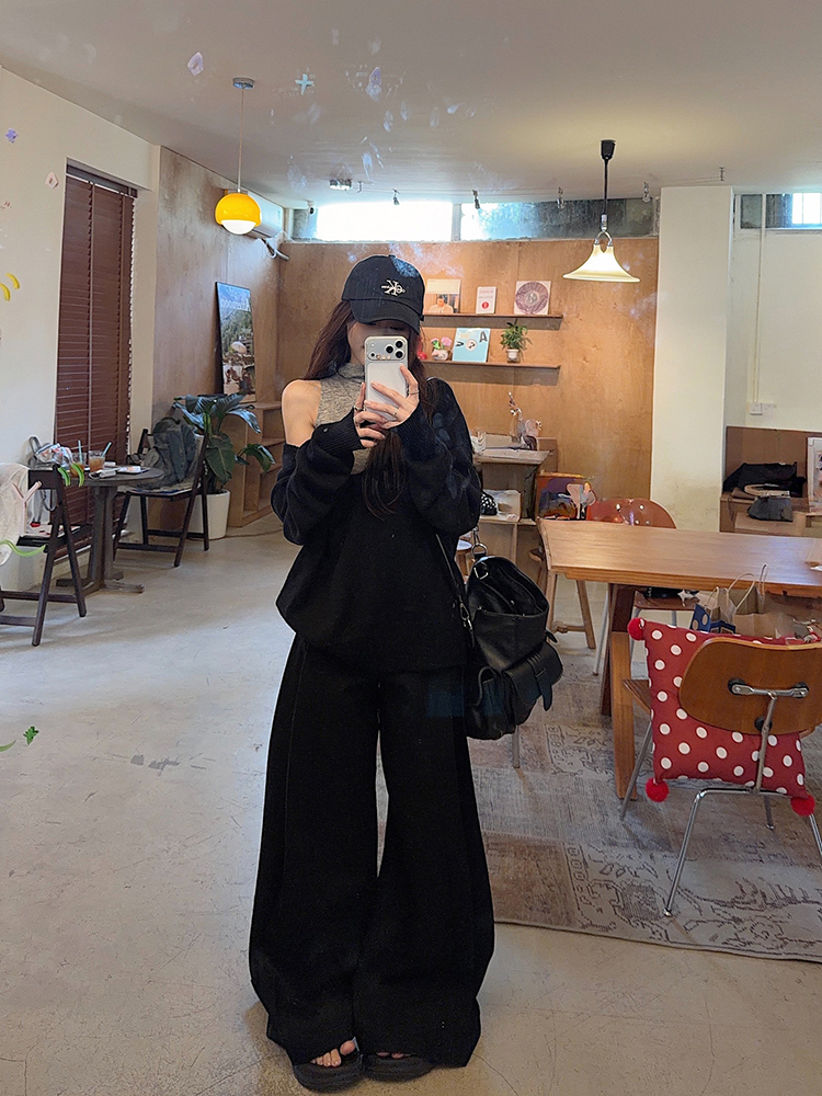 실사 정가 깊은 V 넥 느긋한 루즈핏 니트 스웨터 스탠드 칼라 몸매 가꾸기 조끼 플리츠 로우 웨이스트 넓은 다리 슬랙스 세트