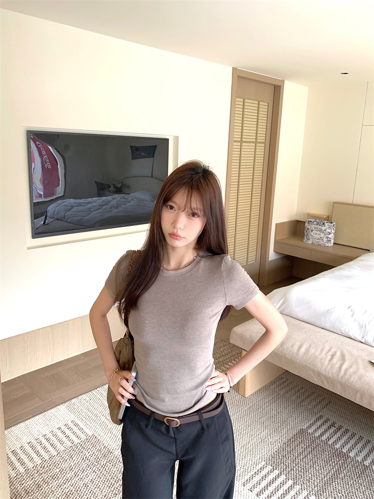 실사 정가 다용도 자기 잘 지내다. 핏 스타일 라운드 넥 반팔 대 신축성 마이크로 연삭 털 티셔츠 여성 봄 여름 맨위