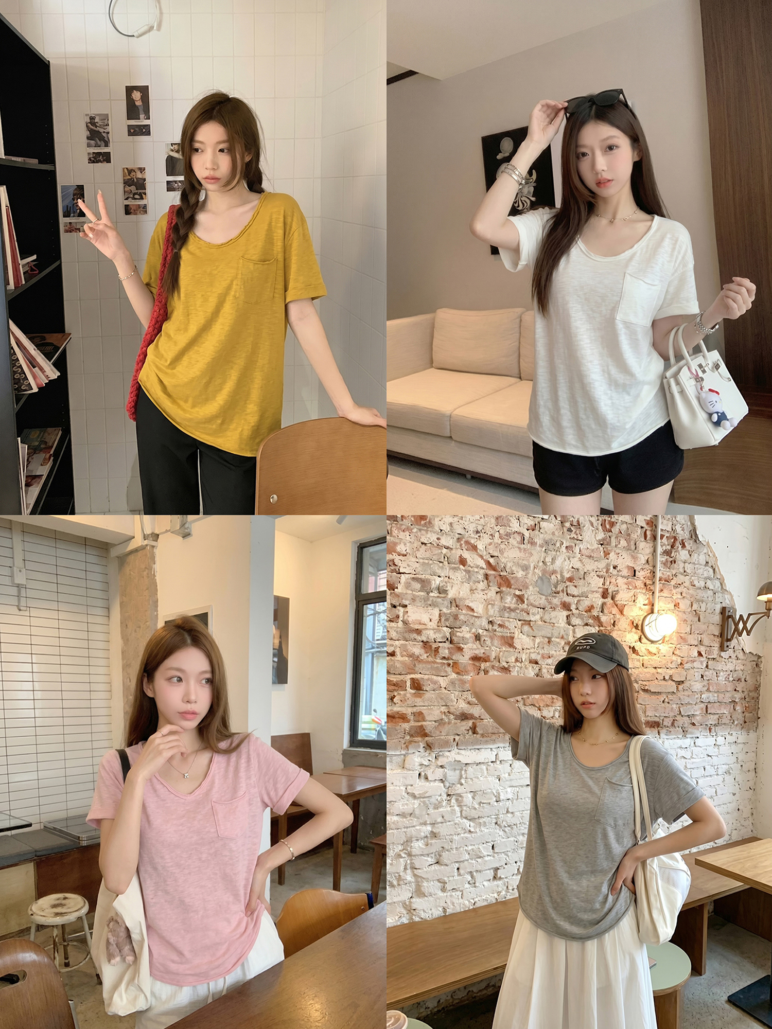 실사 정가 여름 새로운 패션 u 칼라 볼륨 측면 주머니 티셔츠 여성용 짧은 소매 라운드 넥 여성 의류 캐주얼 맨위