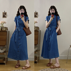 批发实拍夏季大码新款港风复古气质短袖绑带收腰牛仔连衣裙显瘦长裙<b class='q'>女</b>