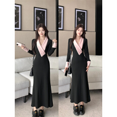 批发实拍大码女装<b class='q'>秋</b>冬加绒V领珍珠拼接收腰包臀连衣裙气质女神长裙