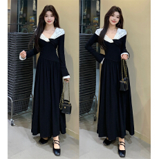 批发实拍 <b class='q'>大码</b><b class='q'>女</b>装黑白拼色纽结喇叭袖大裙摆针织<b class='q'>连衣裙</b>长<b class='q'>裙</b>