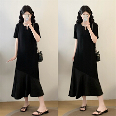 批发实拍 大码女装初夏法式赫本风遮肉显瘦拼接鱼尾短袖连衣裙长裙