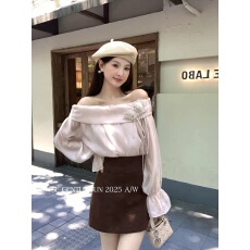 批发秀熙熙法式气质立体花朵<b class='q'>雪纺衫女</b>一字领长袖上衣2025秋季款