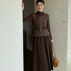 批发官图！水水木年华复古小香风时尚马甲+洋气压褶收腰女配腰带