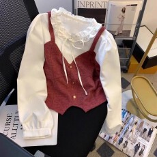 批发高货系带花边领<b class='q'>甜美</b>拼接假两件衬衫2025早秋洋气复古小上衣