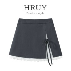 批发设计感侧开叉系带蝴蝶结半身裙女<b class='q'>蕾丝</b>拼接<b class='q'>西装</b>高腰包臀短裙