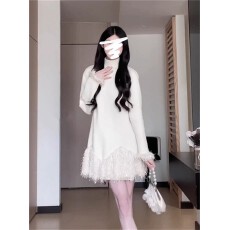 批发2025秋冬款千金风加绒流苏领口钉钻高领<b class='q'>连衣裙</b>亮片蓬蓬短裙