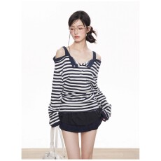 批发藏青色条纹露肩长袖t恤女早<b class='q'>秋</b>季设计感宽松内搭一字肩上衣