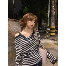 批发甜辣妹条纹一字肩长袖T恤女<b class='q'>秋</b>季韩系chic上衣设计感打底衫