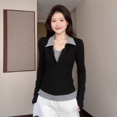 批发mm早<b class='q'>秋</b>设计感撞色拼接假两件长袖T恤女<b class='q'>秋</b>冬内搭打底衫上衣