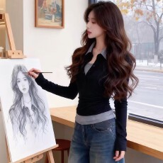 批发官图！假两件撞色翻领长袖T恤女磨毛2025冬季修身显瘦打底衫上衣