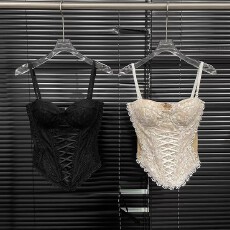 批发官图！性感蕾丝边抽绳绑带鱼骨2026春季甜美纯欲风收腰吊带胸垫女