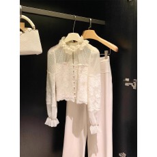 批发[玉珠流仙]重工复古蕾丝<b class='q'>波点</b>上衣 花边网纱拼接收腰<b class='q'>衬衫</b>