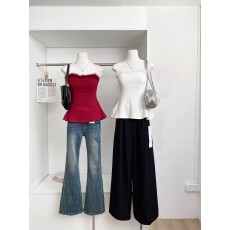 批发2026<b class='q'>秋</b>冬法式洋气甜辣妹性感毛绒一字肩短款无袖抹胸背心女