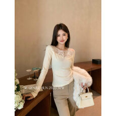 批发2026秋冬韩版设计蕾丝花边修身打底衫小众内搭显瘦磨毛<b class='q'>上衣</b>