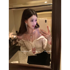 批发挂脖上衣春季轻奢气质名媛重工烫钻一字露肩<b class='q'>衬衫</b>假两件<b class='q'>衬衣</b>