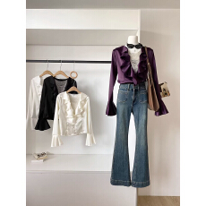 批发轻熟风时尚光泽缎面荷叶边衬衫女春秋韩系高级宽松<b class='q'>百搭</b>衬衣