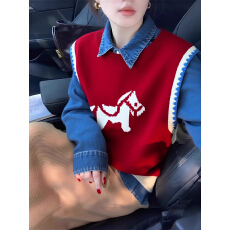 批发官图！马年穿搭红色小马提花外搭叠穿针织马甲背心女2026秋冬上衣