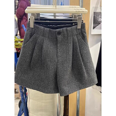 批发官图！深灰色毛呢阔腿短裤女秋冬高腰显瘦直筒裤时尚外穿打底靴裤