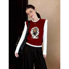 批发官图！红色小狗卡通针织马甲女2026春季圆领叠穿毛衣时髦显瘦上衣